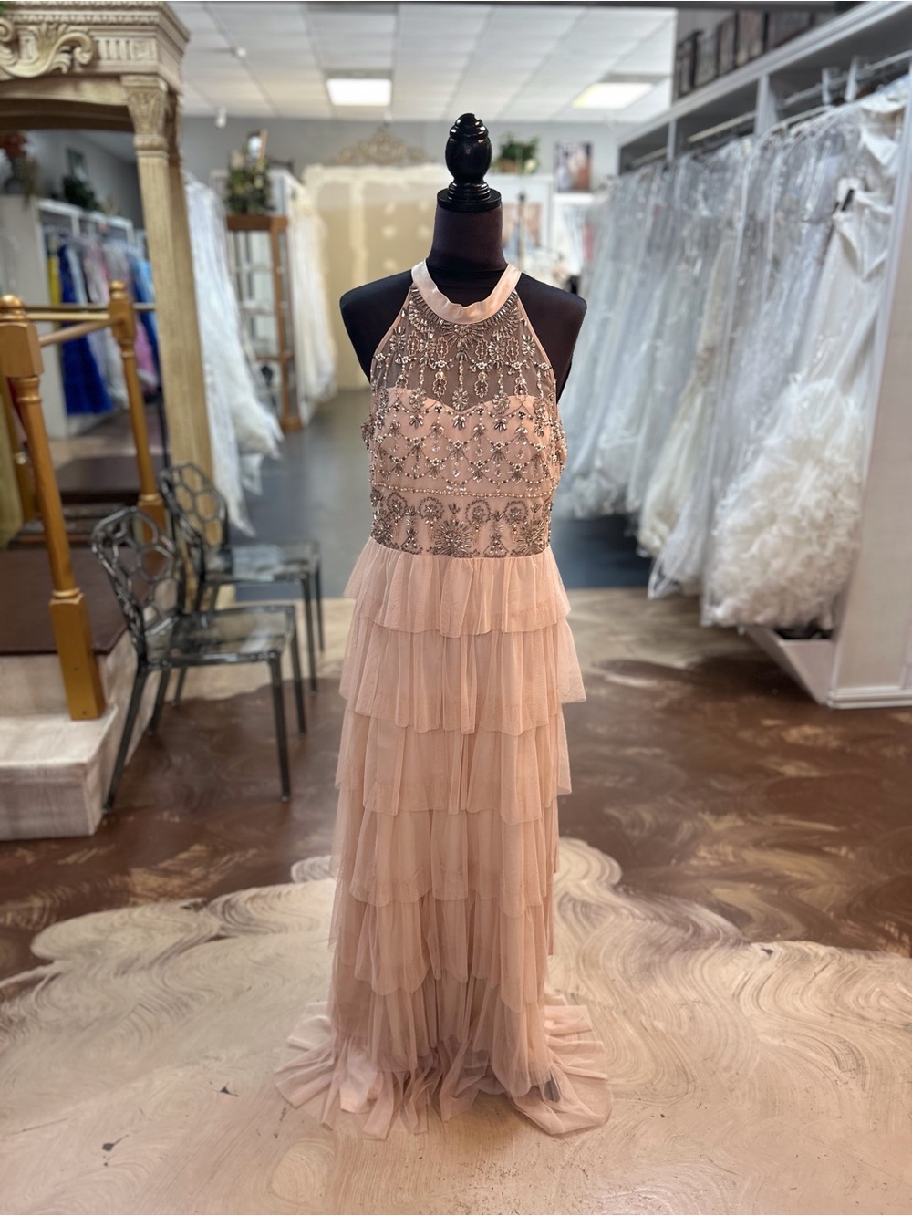 Adrianna Papell Blush Beaded Halter Tiered Gown